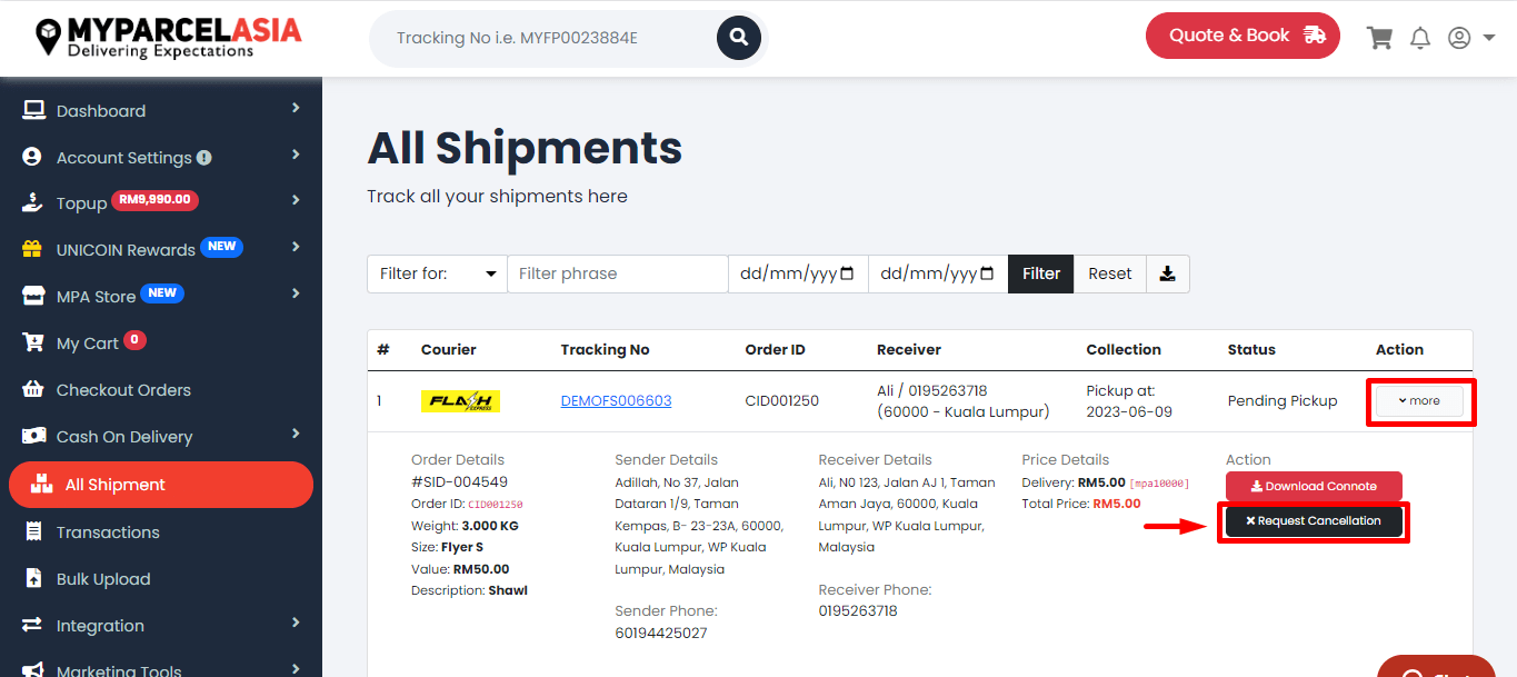How to cancel shipment step-3