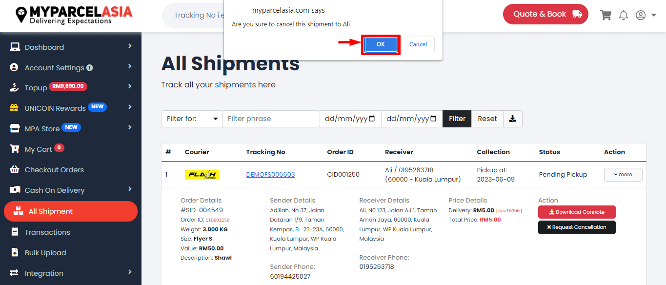 How to cancel shipment step-4