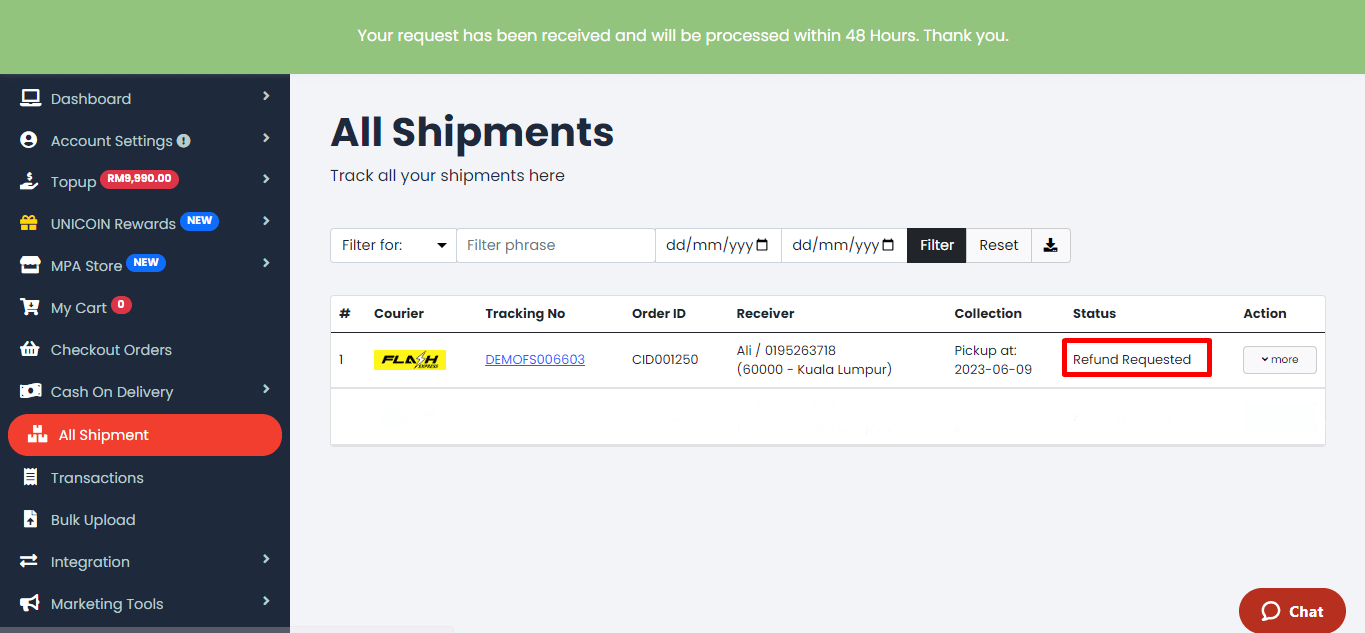 How to cancel shipment step-5